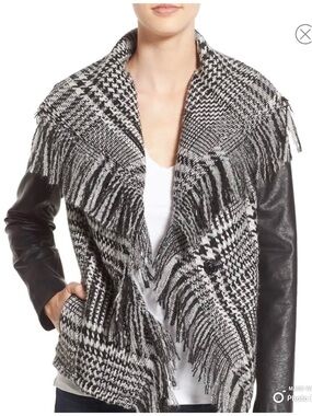 Guess Black and White Fringed Plaid Jacket with Faux Leather Sleeves